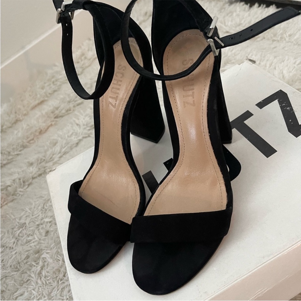 SCHUTZ Black Suede Ankle-Strap Block Heel Sandals